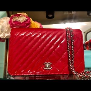 Limited Edition CHANEL Wallet On Chain RED PATENT